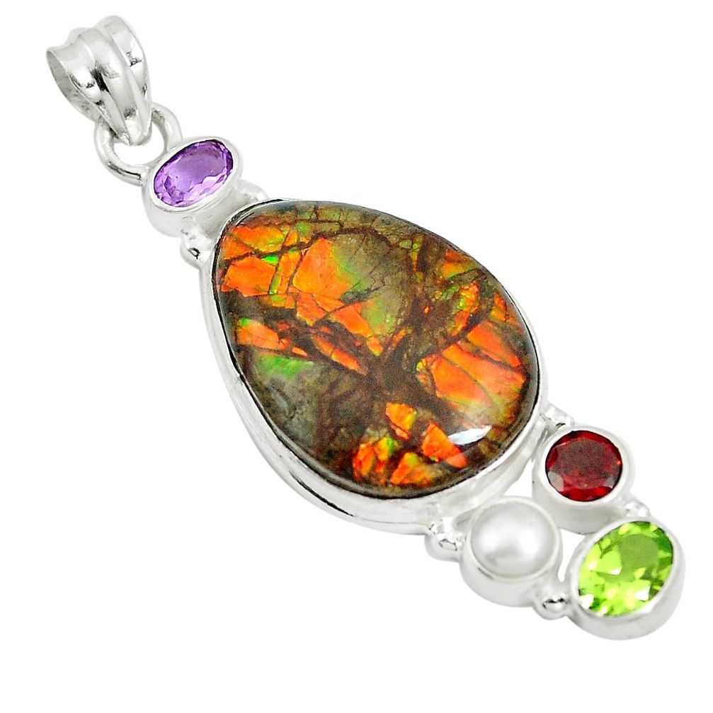 925 silver 21.48cts natural multi color ammolite (canadian) pearl pendant m87563