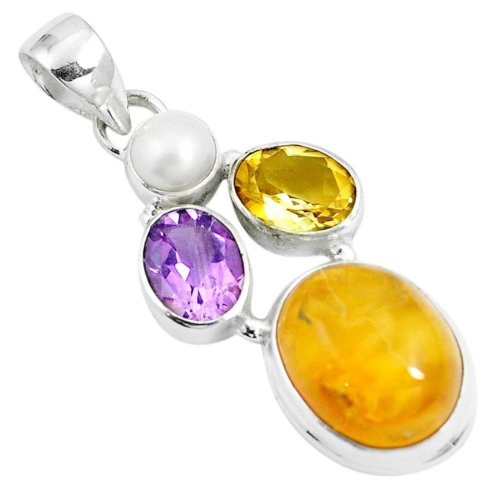 15.02cts natural yellow amber bone amethyst 925 sterling silver pendant m87667
