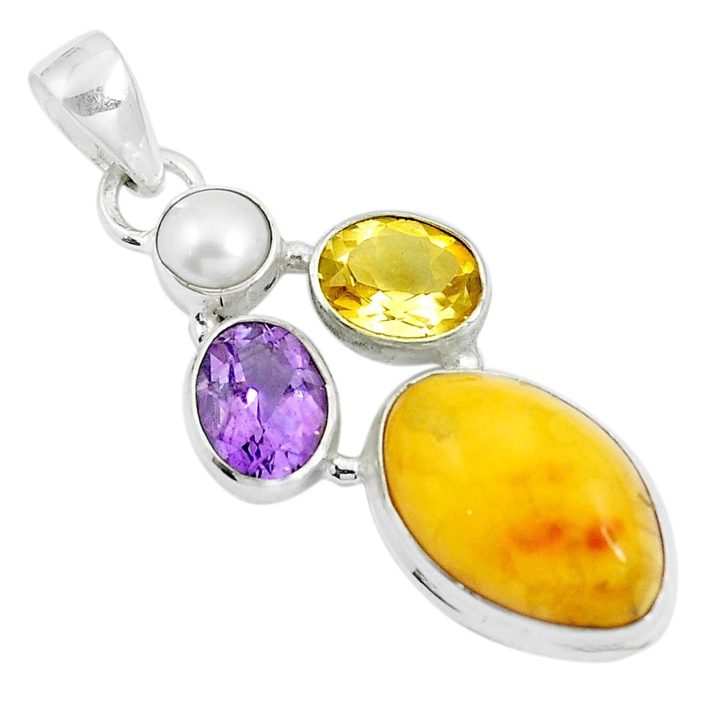 14.45cts natural yellow amber bone amethyst 925 silver pendant jewelry m87672