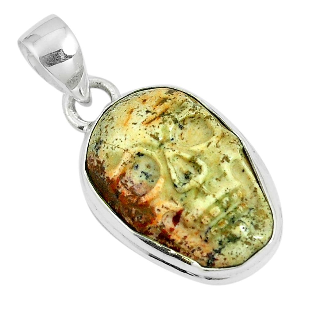 13.70cts natural brown picture jasper 925 sterling silver skull pendant m87781