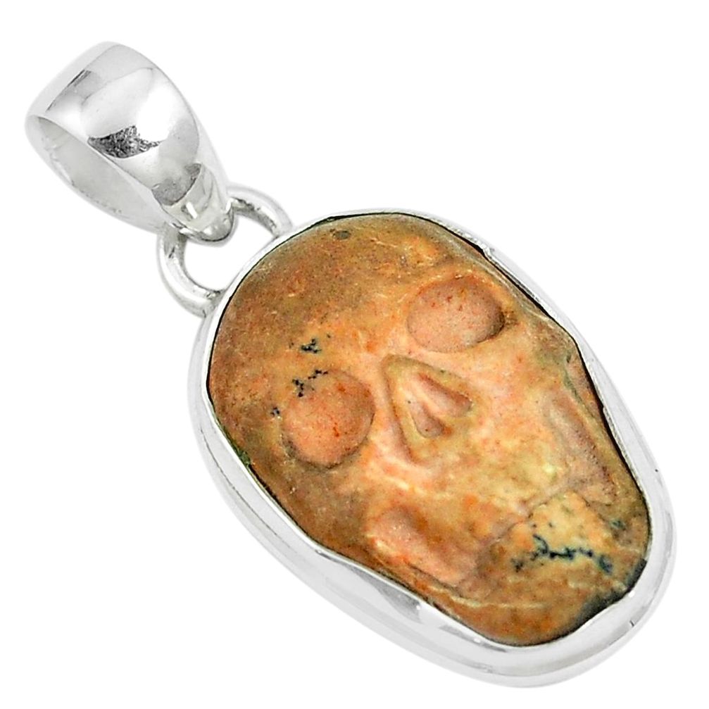 925 sterling silver 13.70cts natural brown picture jasper skull pendant m87784