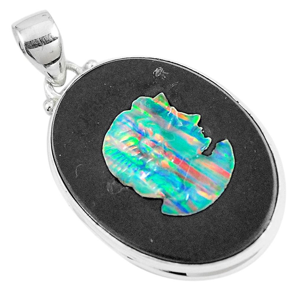 925 silver 19.07cts natural black cameo opal on onyx oval pendant m87789