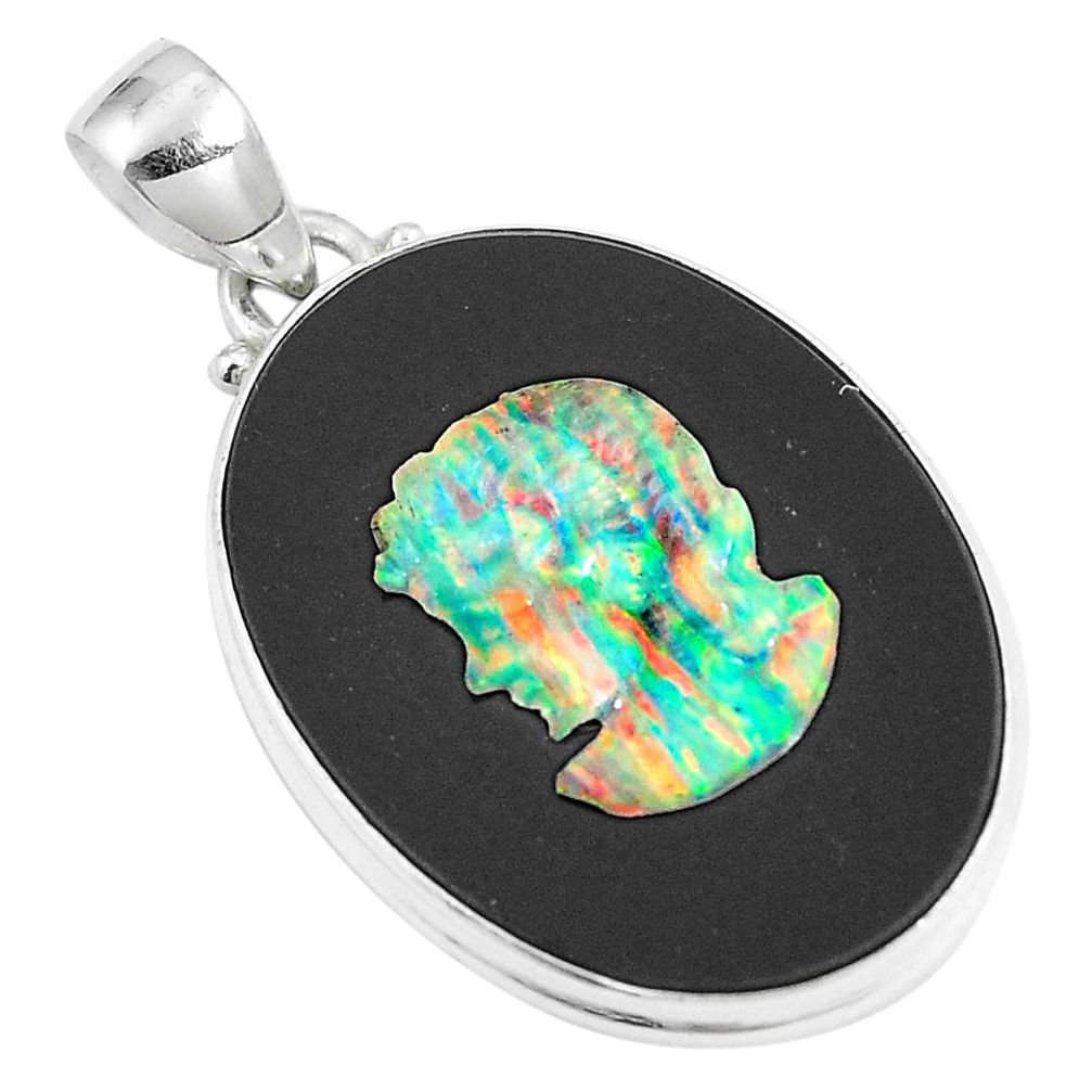 18.68cts natural black cameo opal on onyx 925 sterling silver pendant m87790