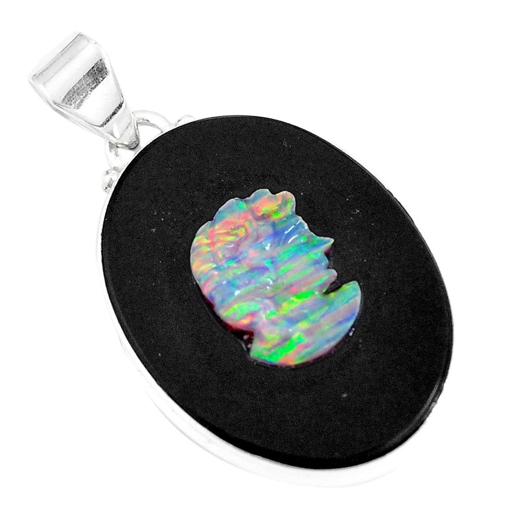 18.15cts natural black cameo opal on onyx 925 sterling silver pendant m87793