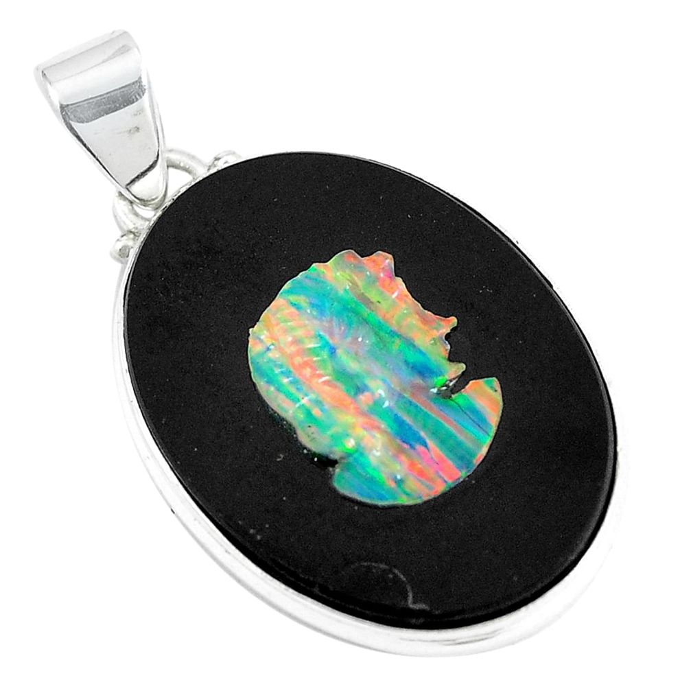 19.07cts natural black cameo opal on onyx 925 sterling silver pendant m87797