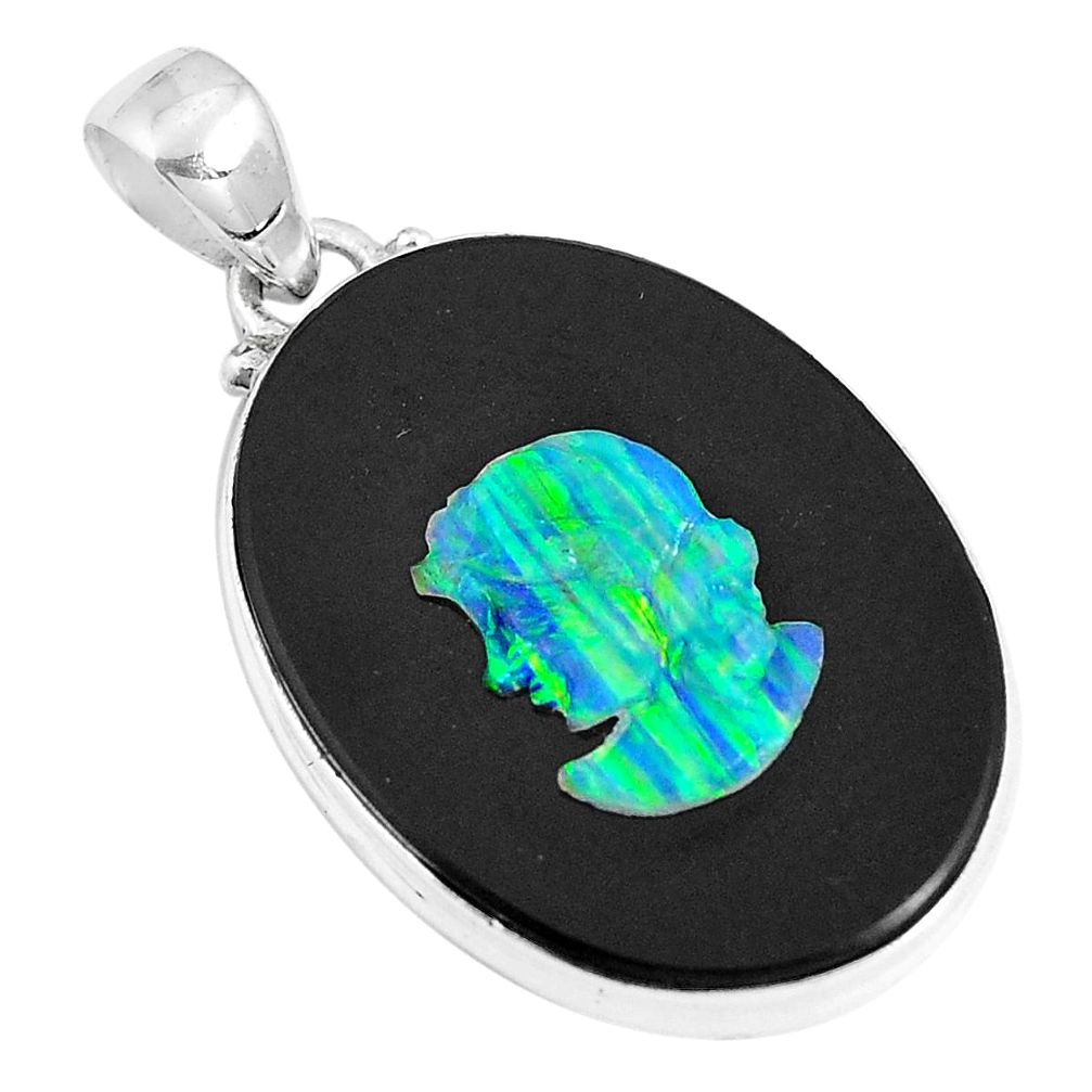 925 silver 18.70cts natural black cameo opal on onyx pendant jewelry m87798