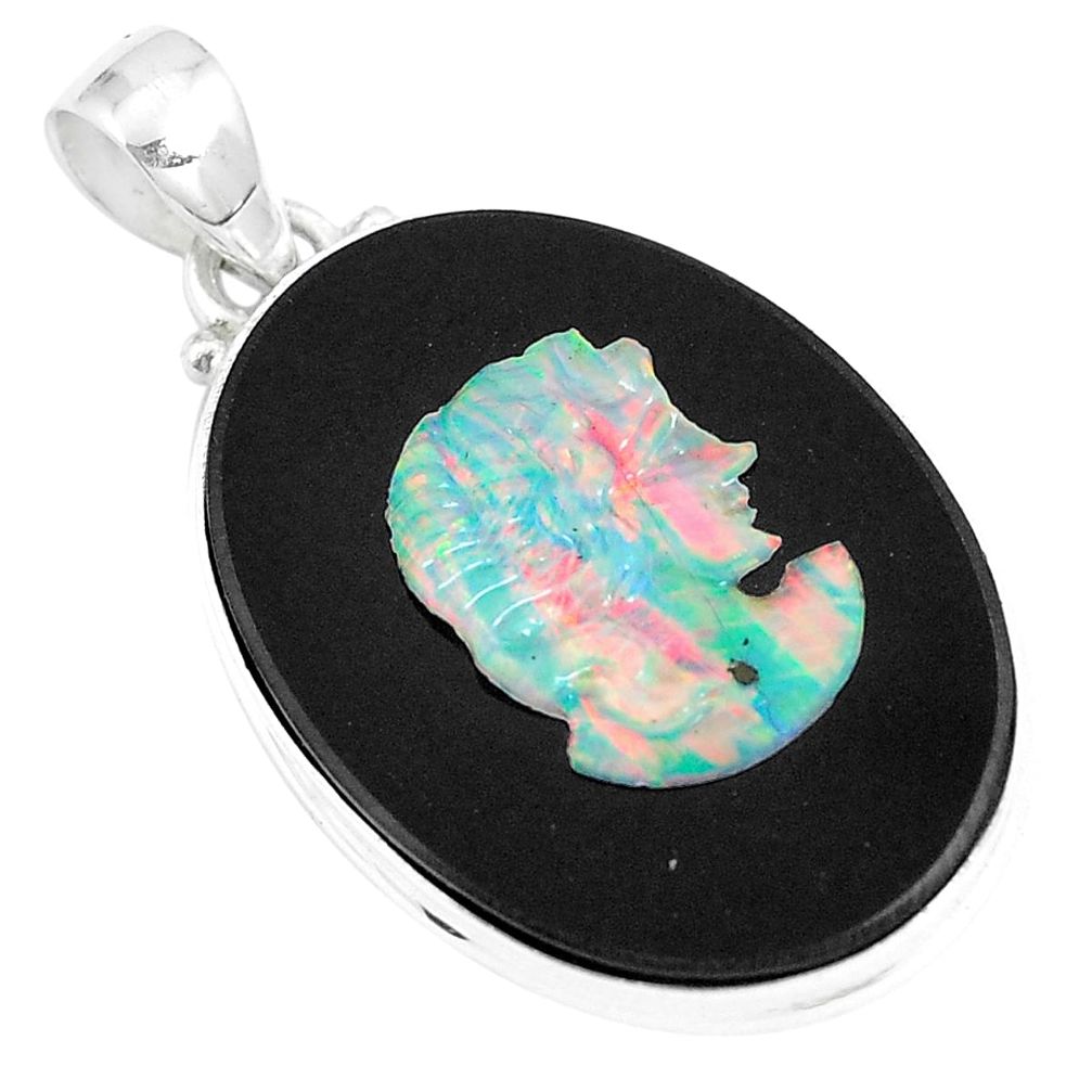 18.70cts natural black cameo opal on onyx 925 sterling silver pendant m87799