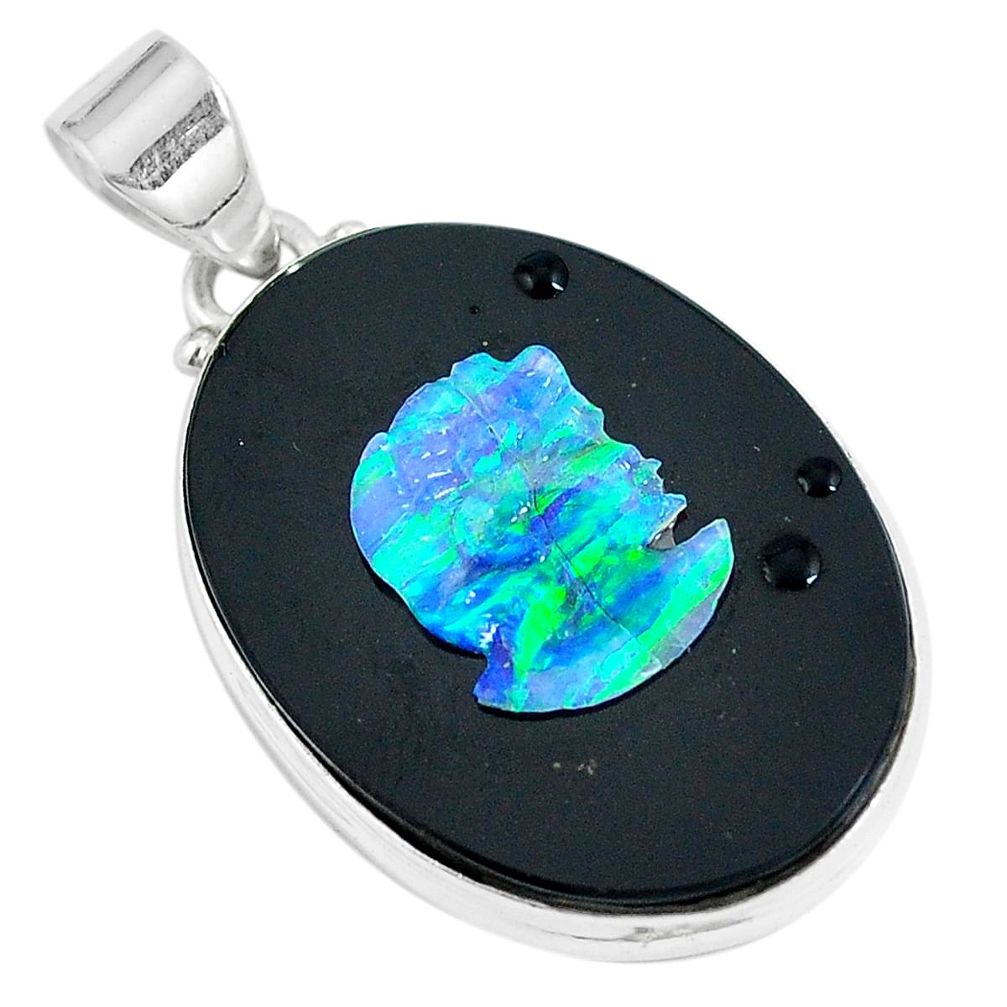 18.68cts natural black cameo opal on onyx 925 sterling silver pendant m87800
