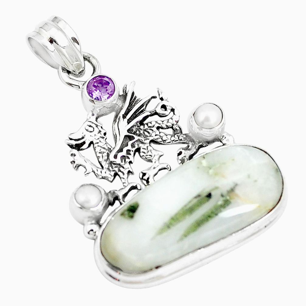 22.22cts natural green tourmaline in quartz 925 silver dragon pendant m87832