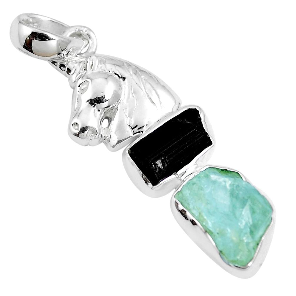 925 silver natural black tourmaline rough horse pendant aquamarine m87900