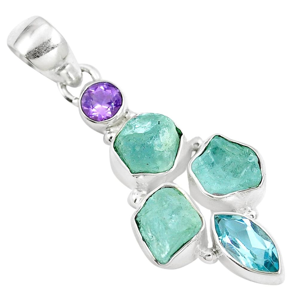 Natural aqua aquamarine rough amethyst 925 silver pendant m87901