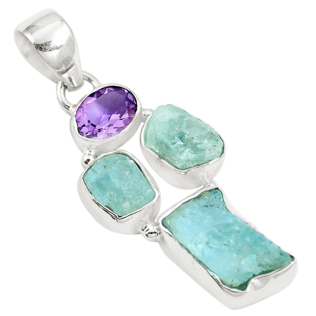 14.40cts natural aqua aquamarine rough amethyst 925 silver pendant m87905