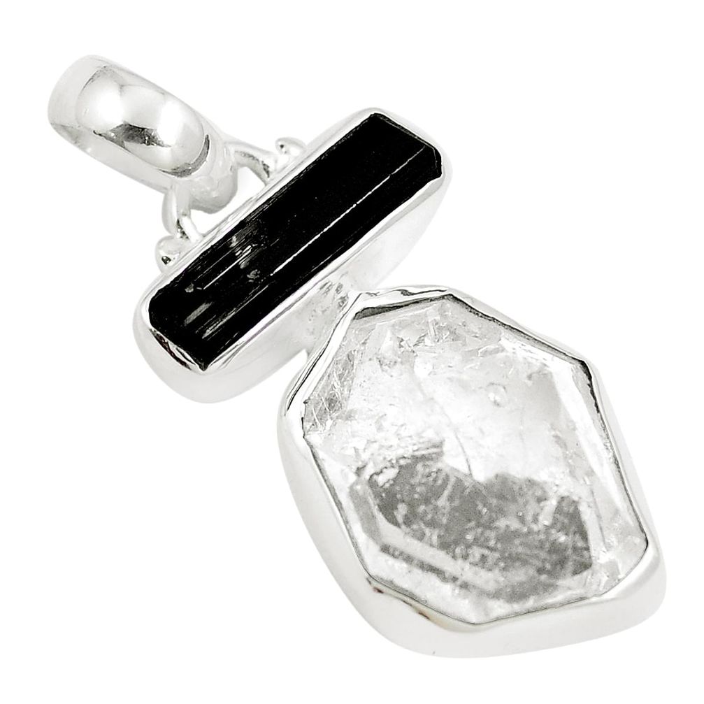 925 silver 13.85cts natural white herkimer diamond pendant tourmaline m87906