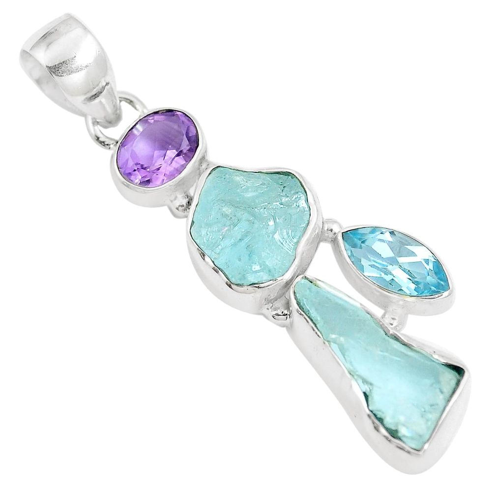 14.88cts natural aqua aquamarine rough amethyst topaz 925 silver pendant m87910