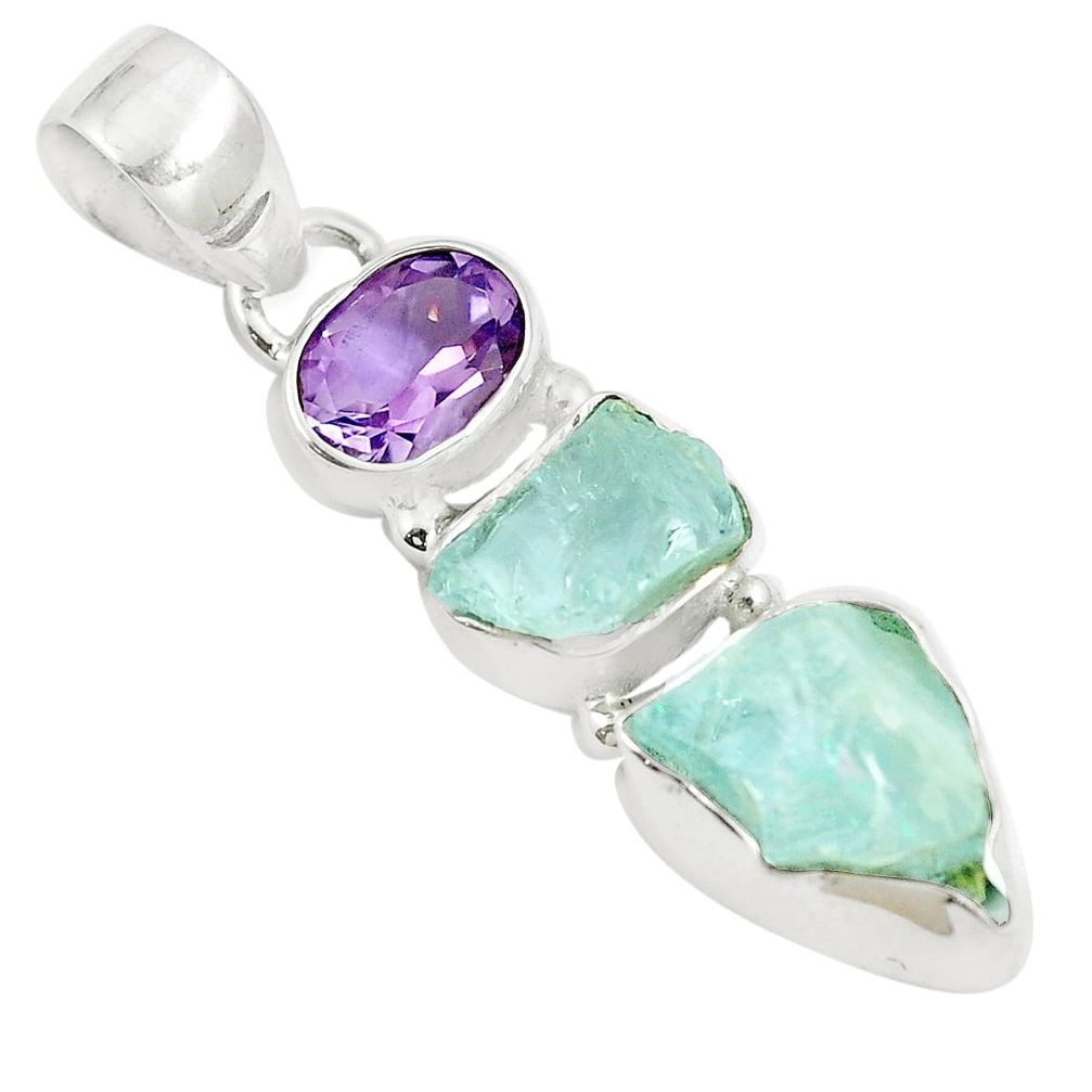 11.26cts natural aqua aquamarine rough purple amethyst 925 silver pendant m87914