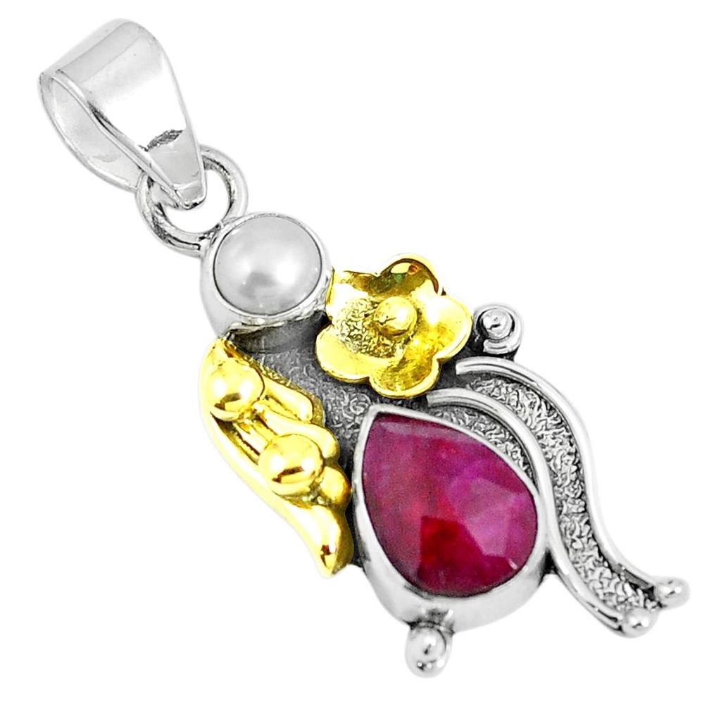 4.22cts victorian natural red ruby 925 silver two tone flower pendant m87921