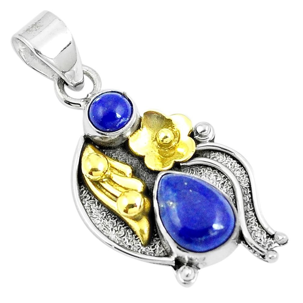 4.40cts victorian natural lapis lazuli 925 silver two tone flower pendant m87931