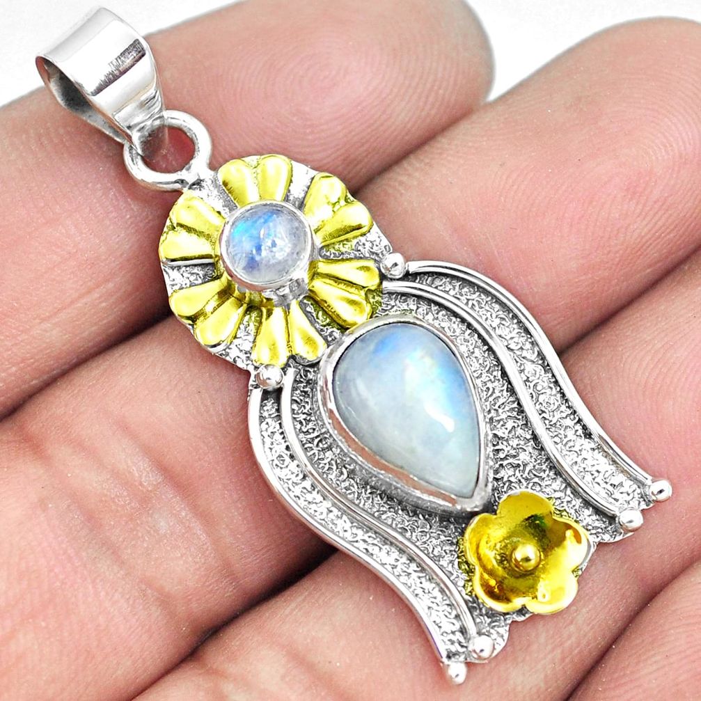 5.08cts natural rainbow moonstone 925 silver two tone victorian pendant m87954