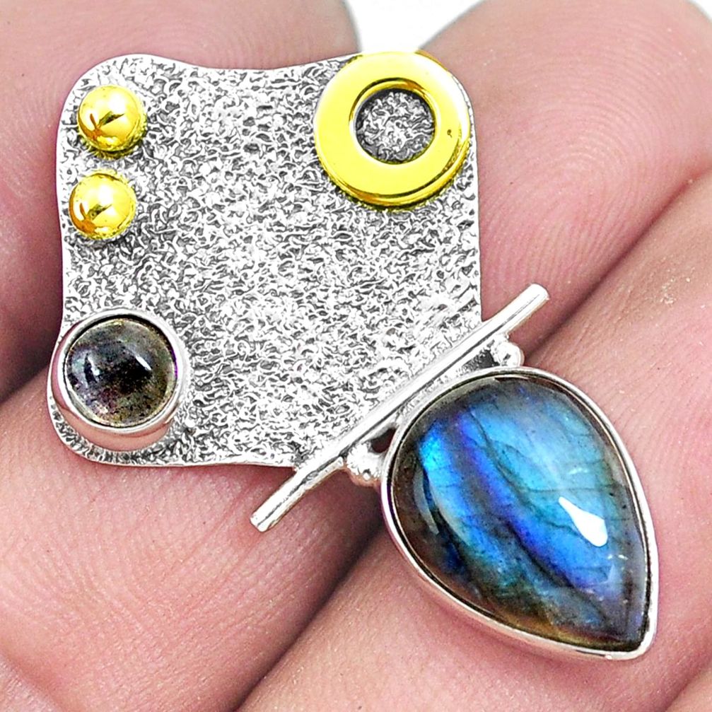 7.04cts natural blue labradorite 925 silver two tone victorian pendant m87956