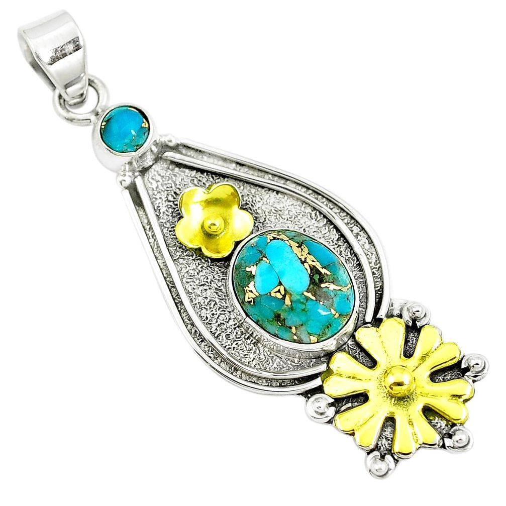 6.20cts blue copper turquoise 925 silver two tone victorian pendant m87981