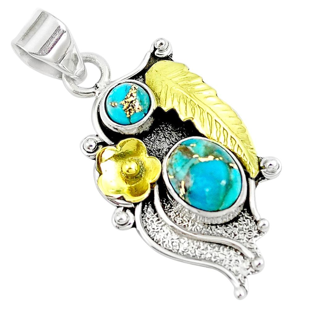 3.42cts victorian blue copper turquoise 925 silver two tone pendant m87983