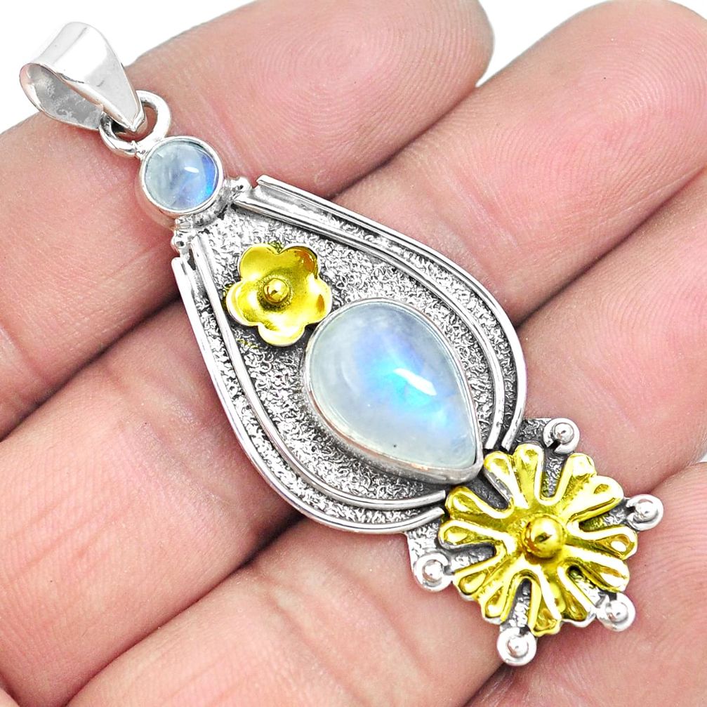 7.61cts victorian natural rainbow moonstone 925 silver two tone pendant m87997