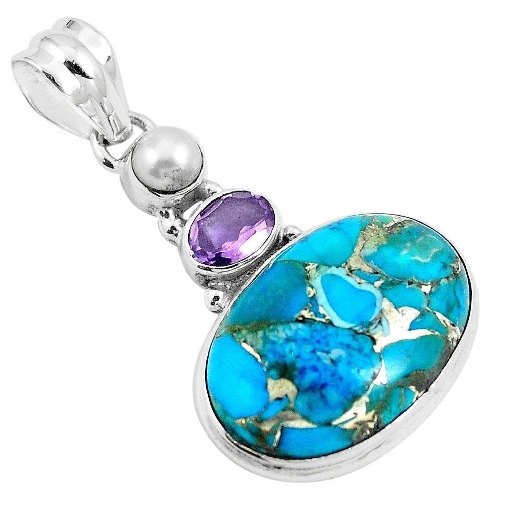16.87cts blue copper turquoise amethyst 925 sterling silver pendant m88518