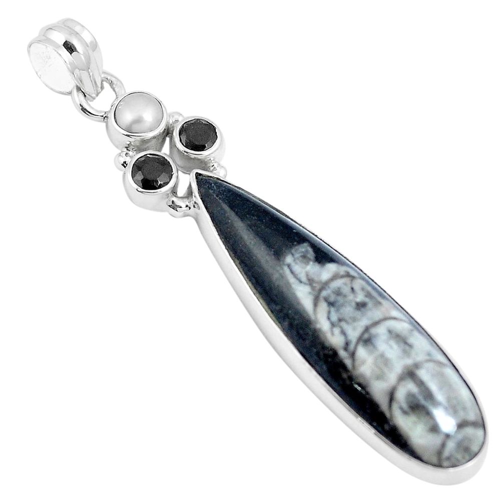 18.89cts natural black orthoceras onyx 925 sterling silver pendant m88542