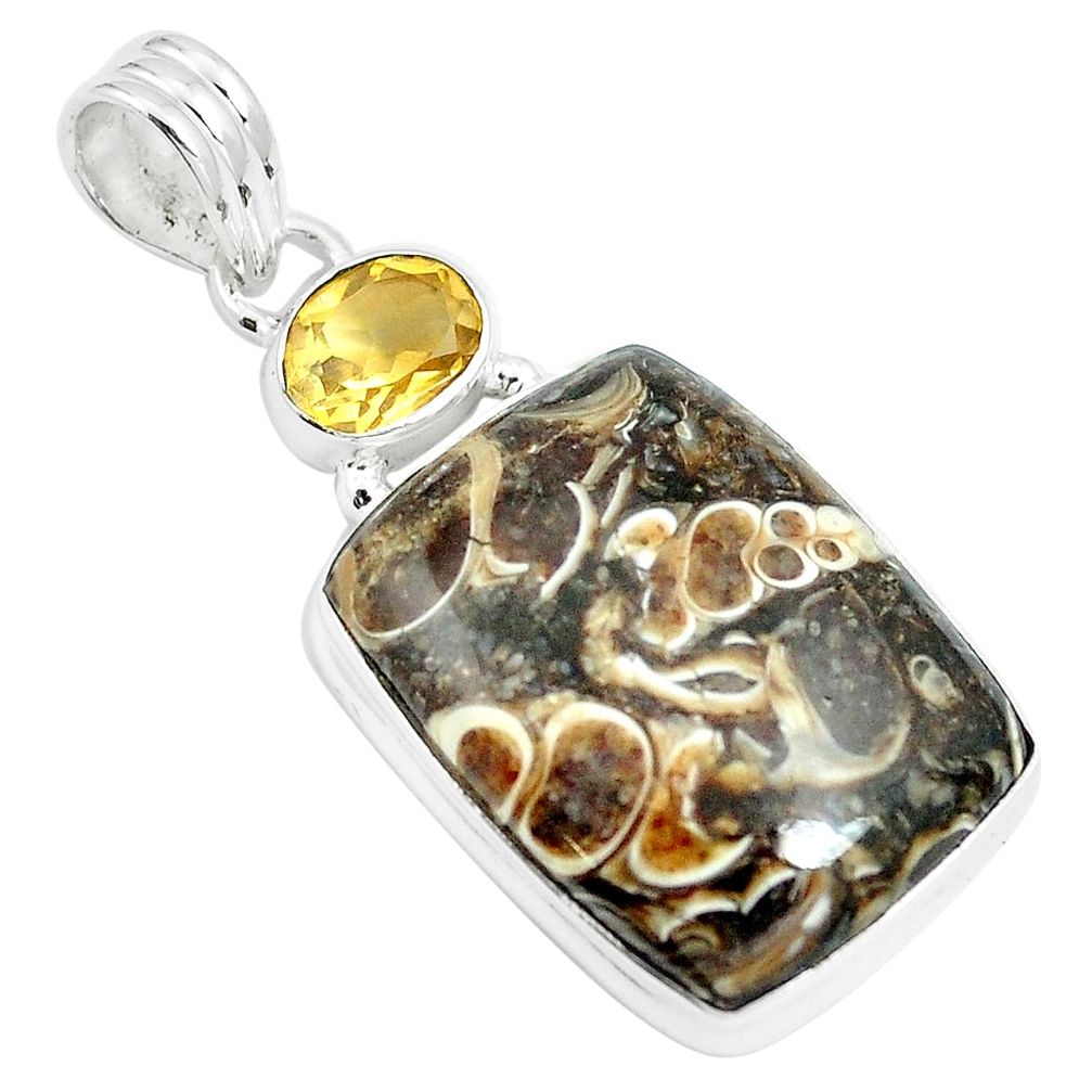 925 silver 19.07cts natural brown turritella fossil snail agate pendant m88624