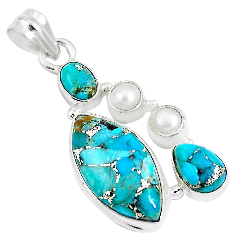 15.47cts blue copper turquoise white pearl 925 sterling silver pendant m88710