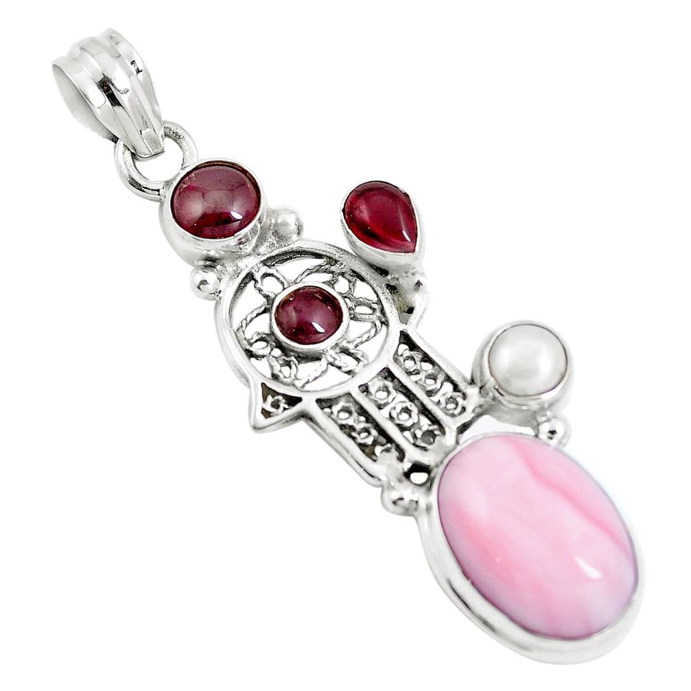 9.35cts natural pink opal garnet 925 silver hand of god hamsa pendant m89020