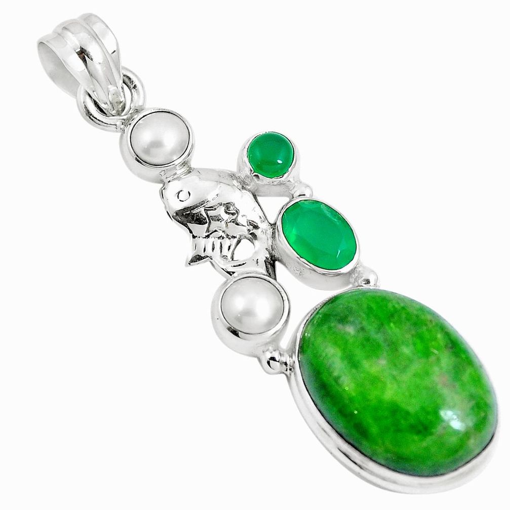 16.47cts natural green chrome diopside chalcedony 925 silver fish pendant m89027