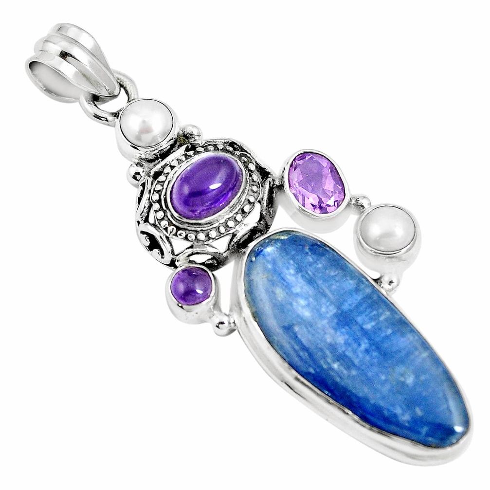 925 sterling silver 20.86cts natural blue kyanite amethyst pearl pendant m89040