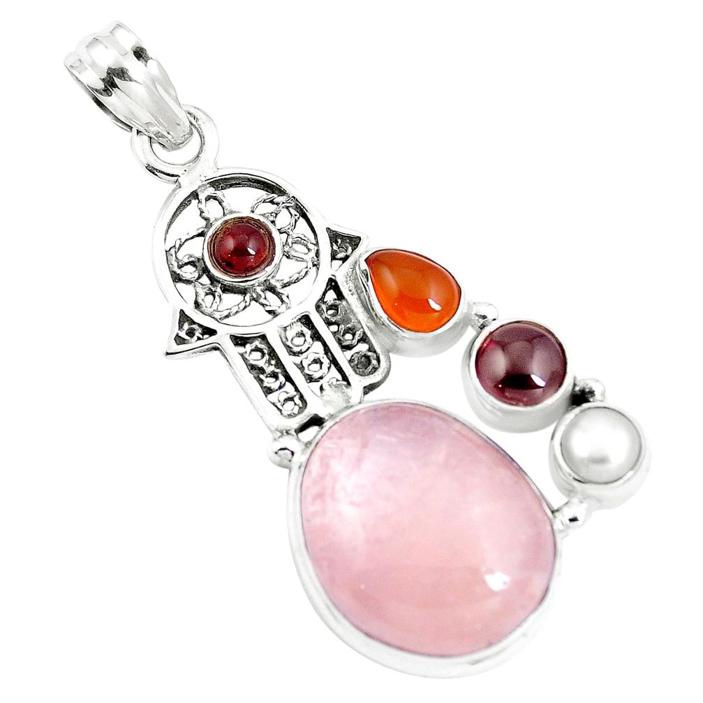 18.45cts natural morganite cornelian 925 silver hand of god hamsa pendant m89063