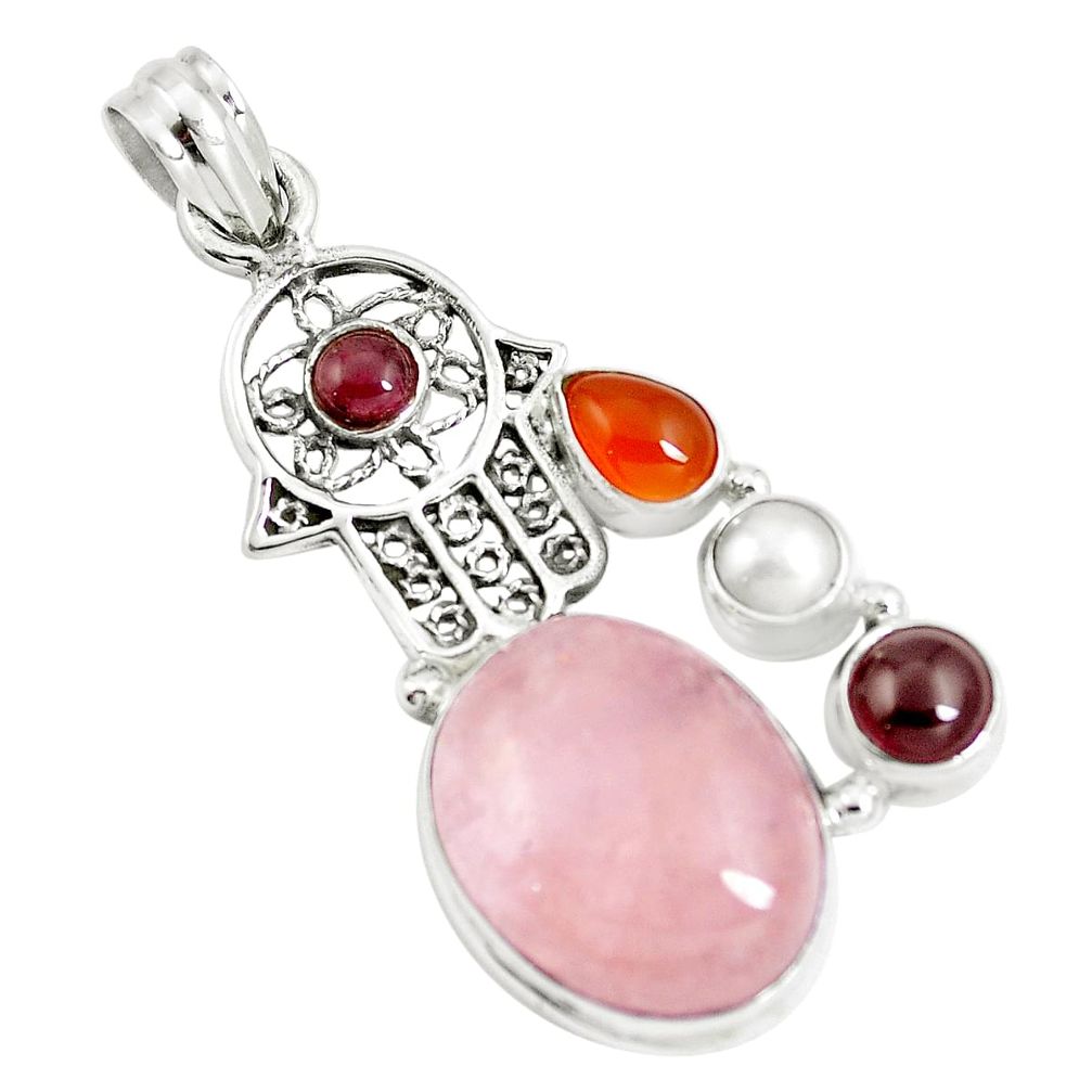 925 silver 19.00cts natural morganite cornelian hand of god hamsa pendant m89070