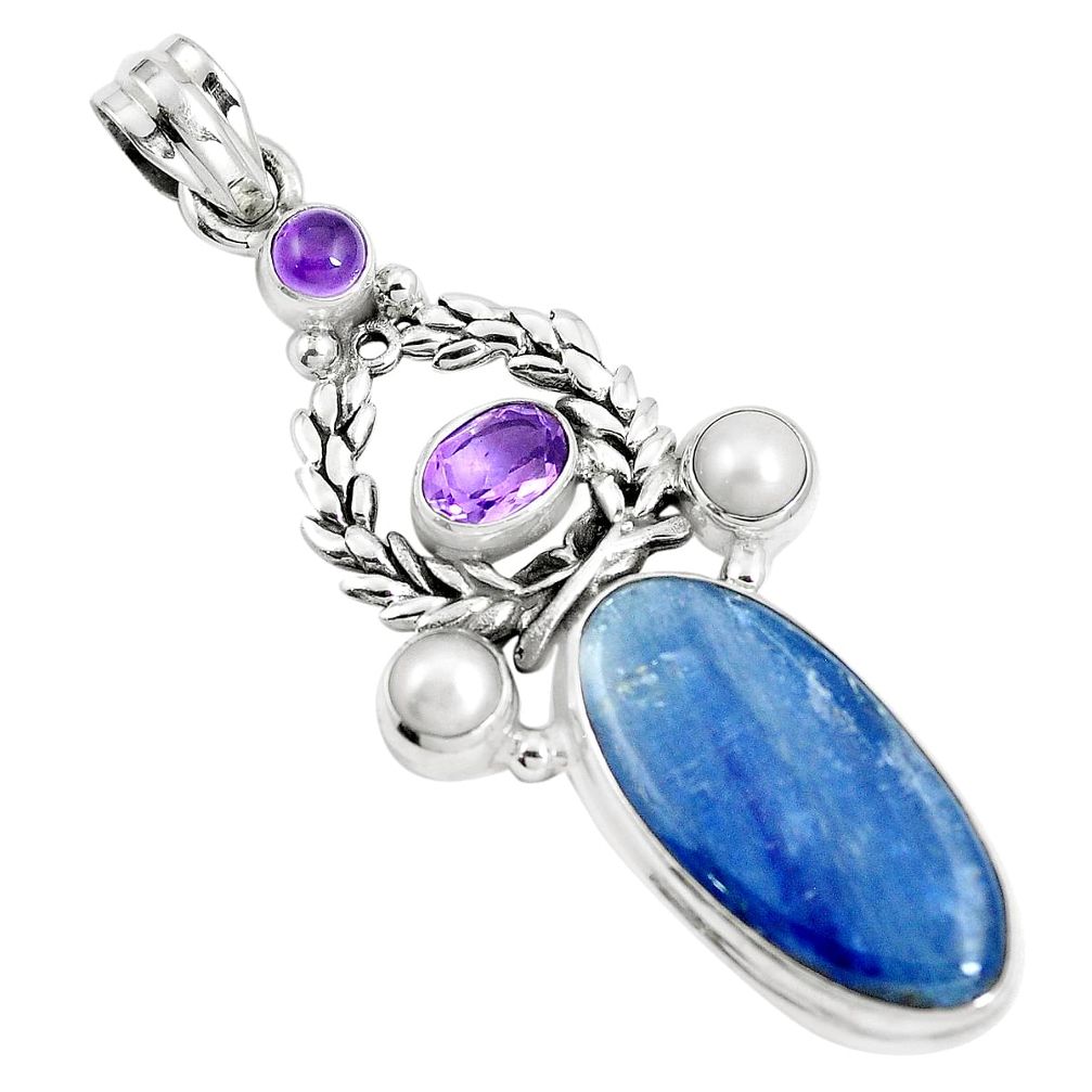 925 sterling silver 21.30cts natural blue kyanite amethyst pearl pendant m89087