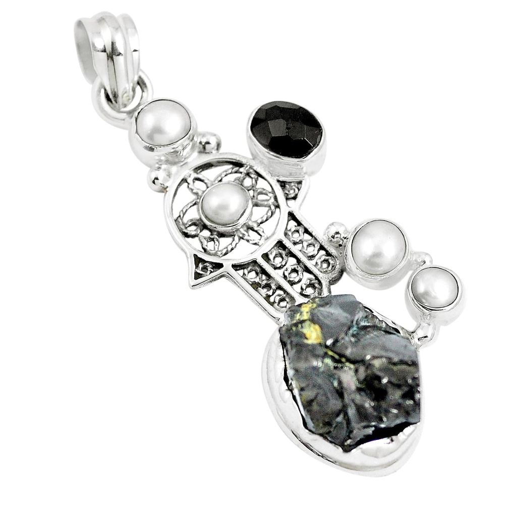 18.17cts natural black shungite onyx 925 silver hand of god hamsa pendant m89095