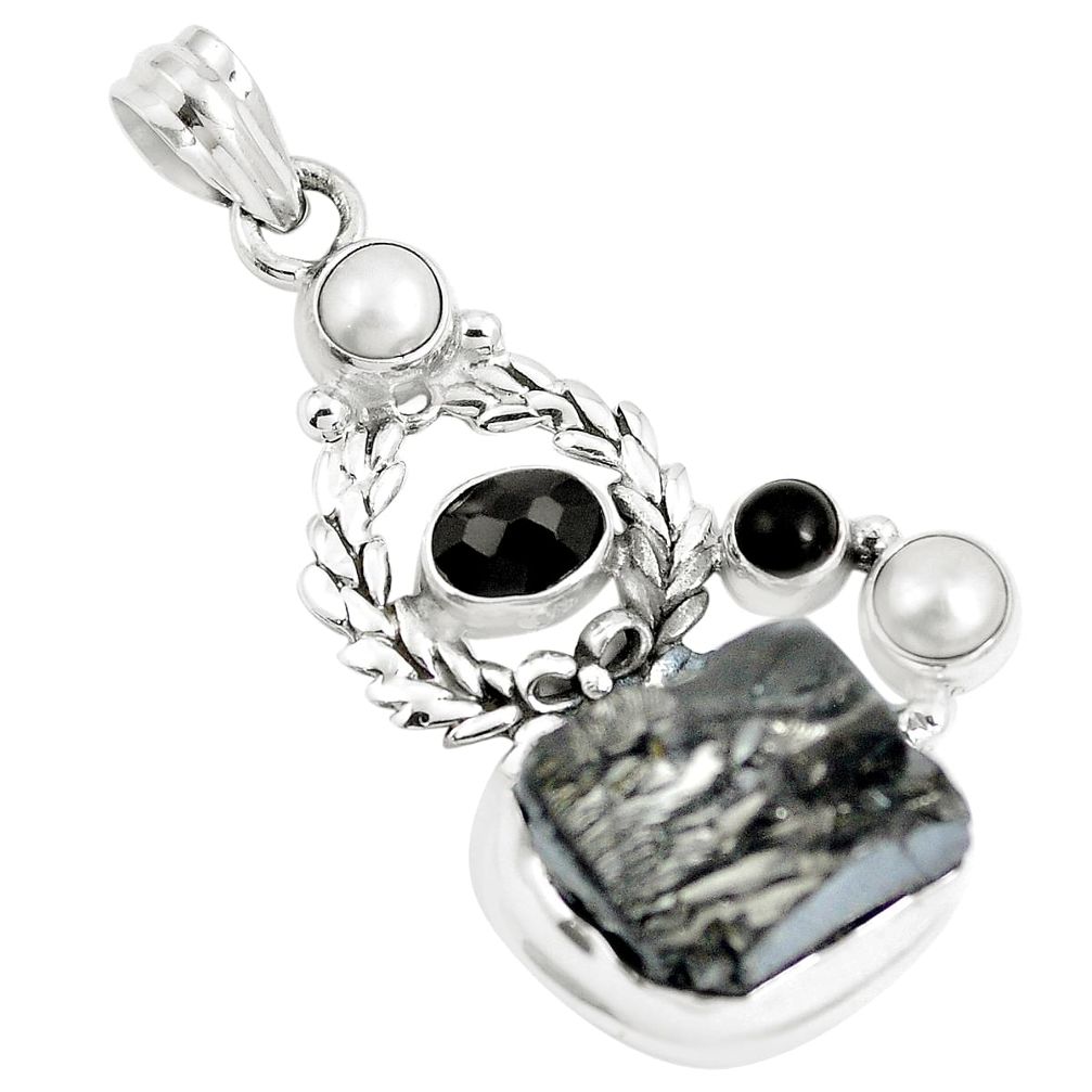 19.99cts natural black shungite onyx 925 sterling silver pendant jewelry m89097