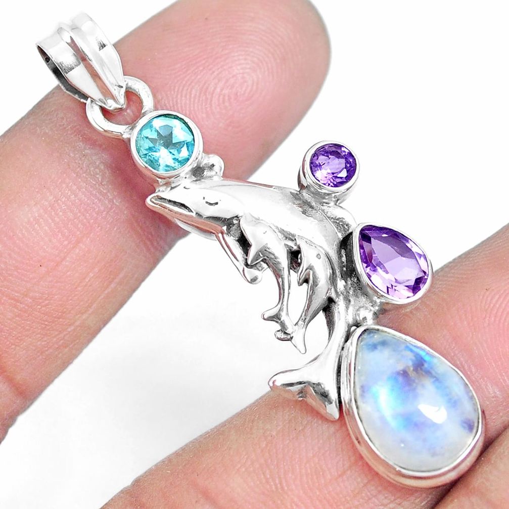 8.42cts natural rainbow moonstone amethyst 925 silver dolphin pendant m89129