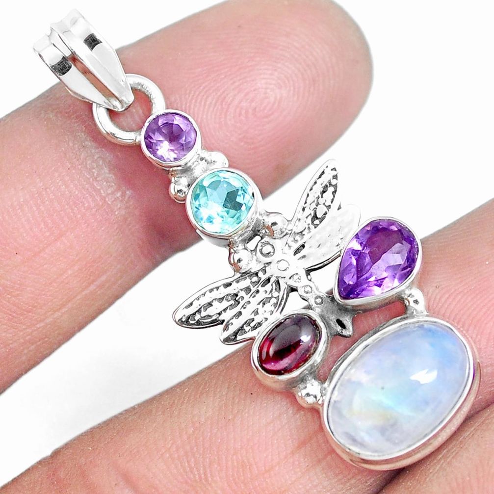 7.51cts natural rainbow moonstone amethyst 925 silver dragonfly pendant m89130