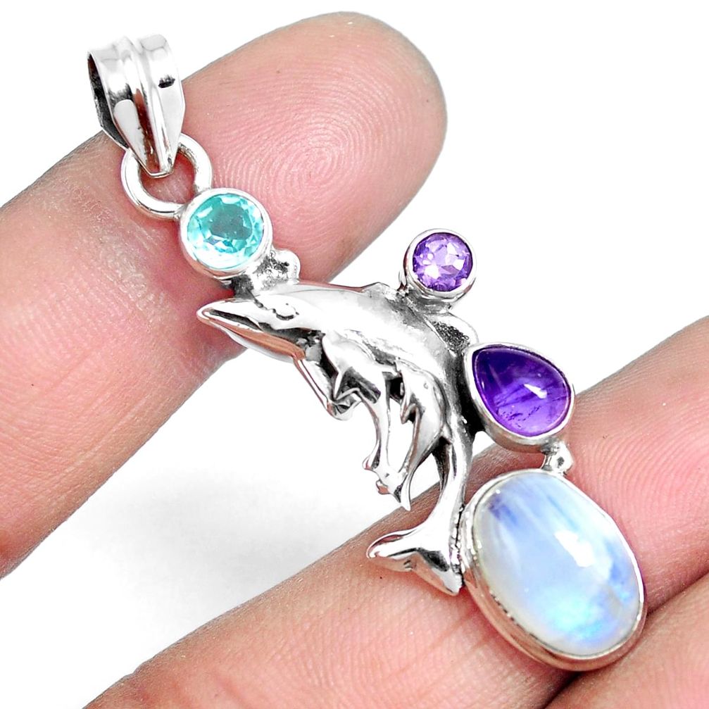 925 silver 8.42cts natural rainbow moonstone amethyst dolphin pendant m89131