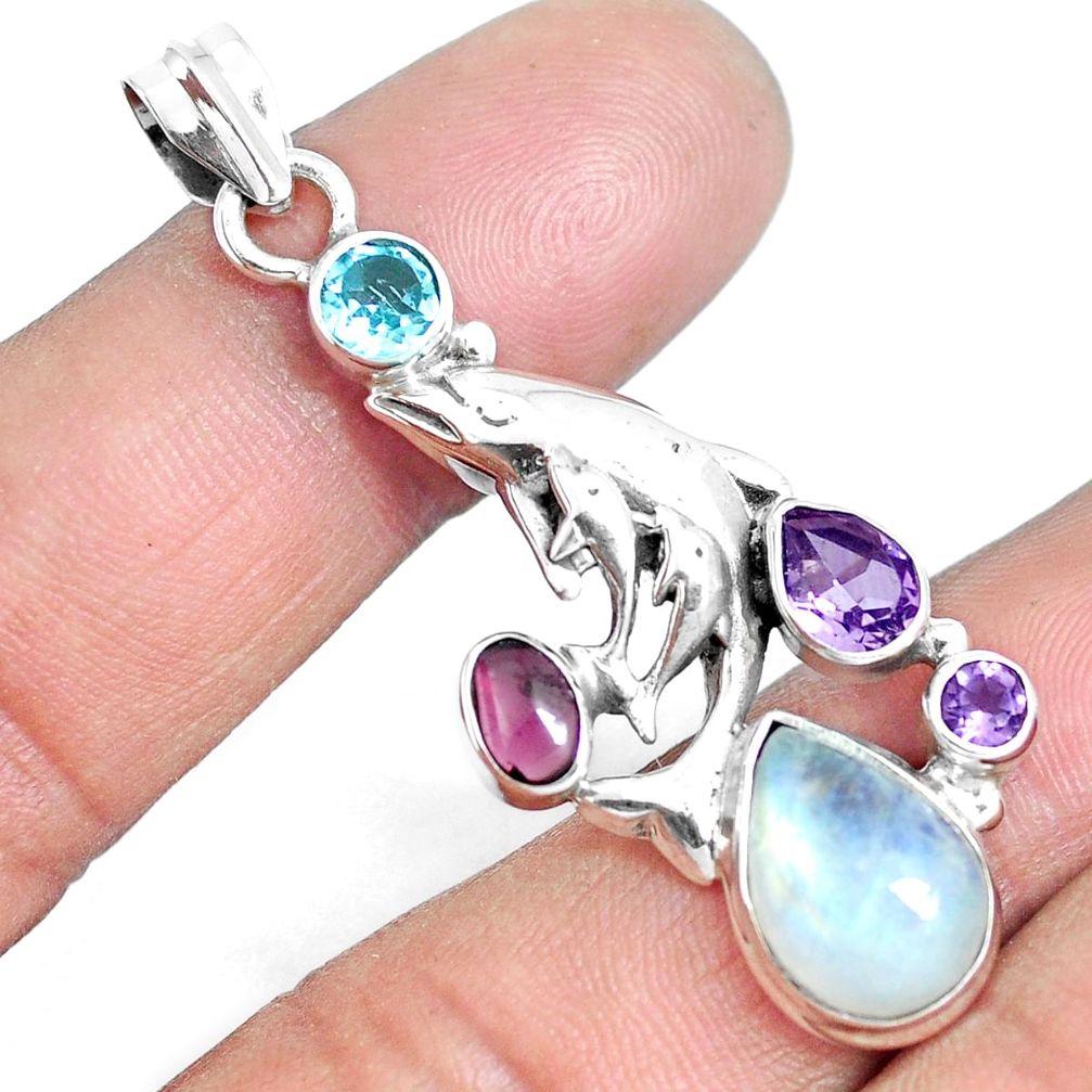 8.98cts natural rainbow moonstone amethyst 925 silver dolphin pendant m89132