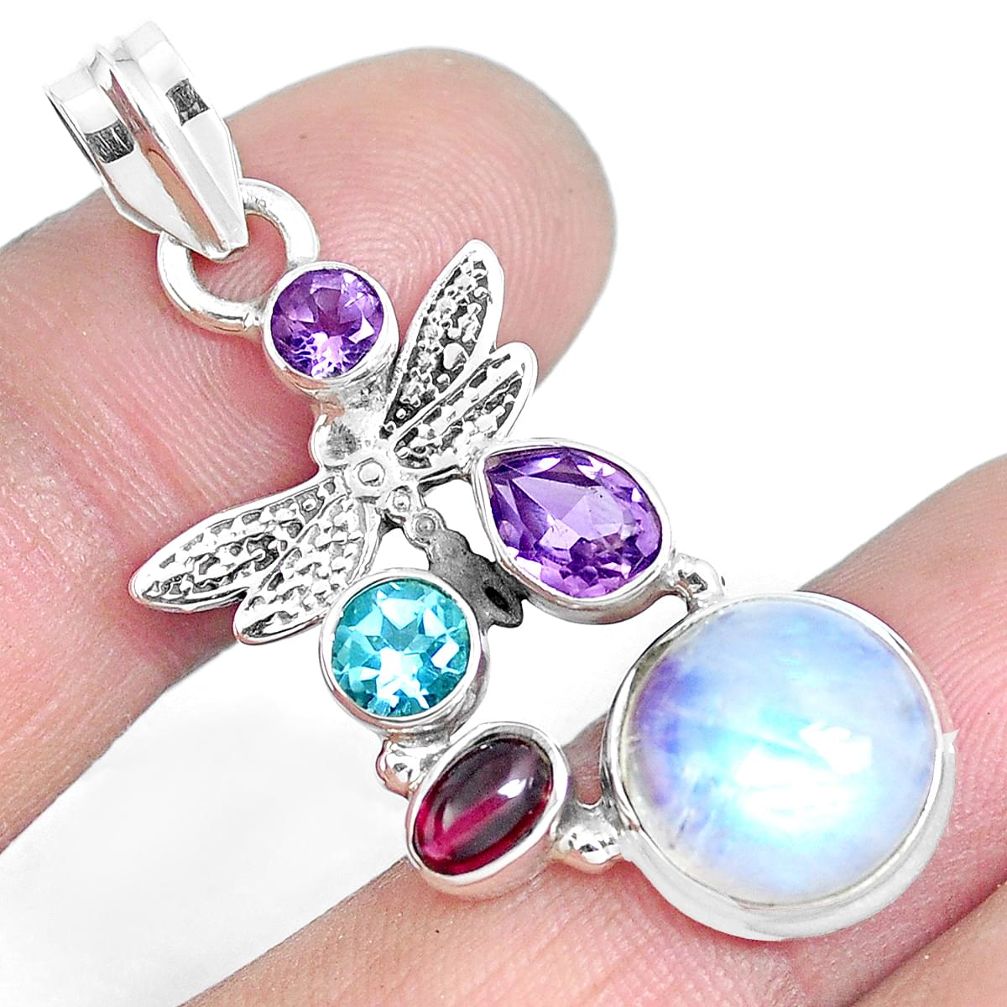 8.42cts natural rainbow moonstone amethyst 925 silver dragonfly pendant m89136