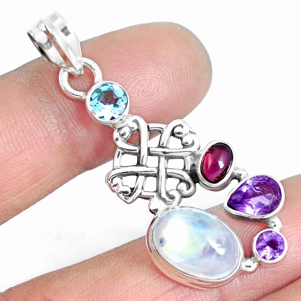8.42cts natural rainbow moonstone amethyst 925 sterling silver pendant m89137