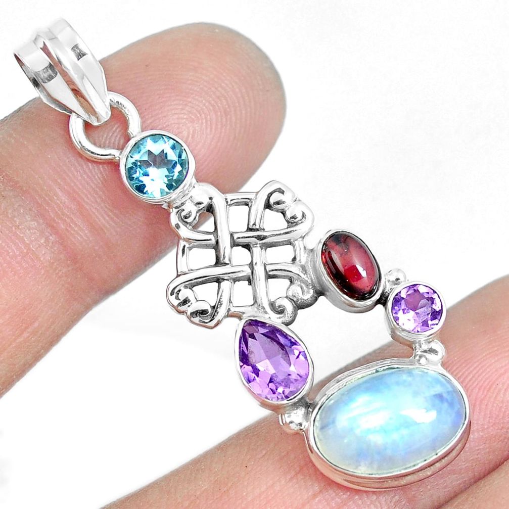 7.98cts natural rainbow moonstone amethyst 925 sterling silver pendant m89139