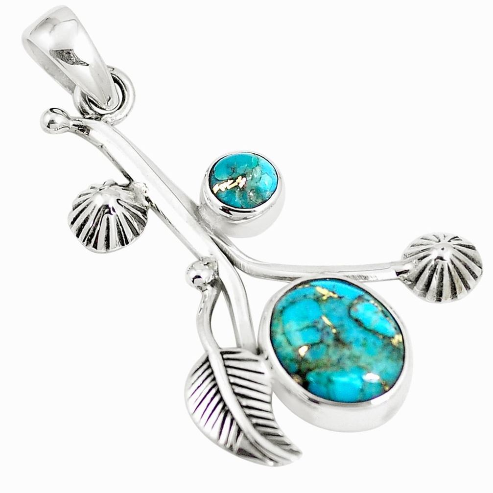 925 sterling silver 6.03cts blue copper turquoise leaf pendant jewelry m89184