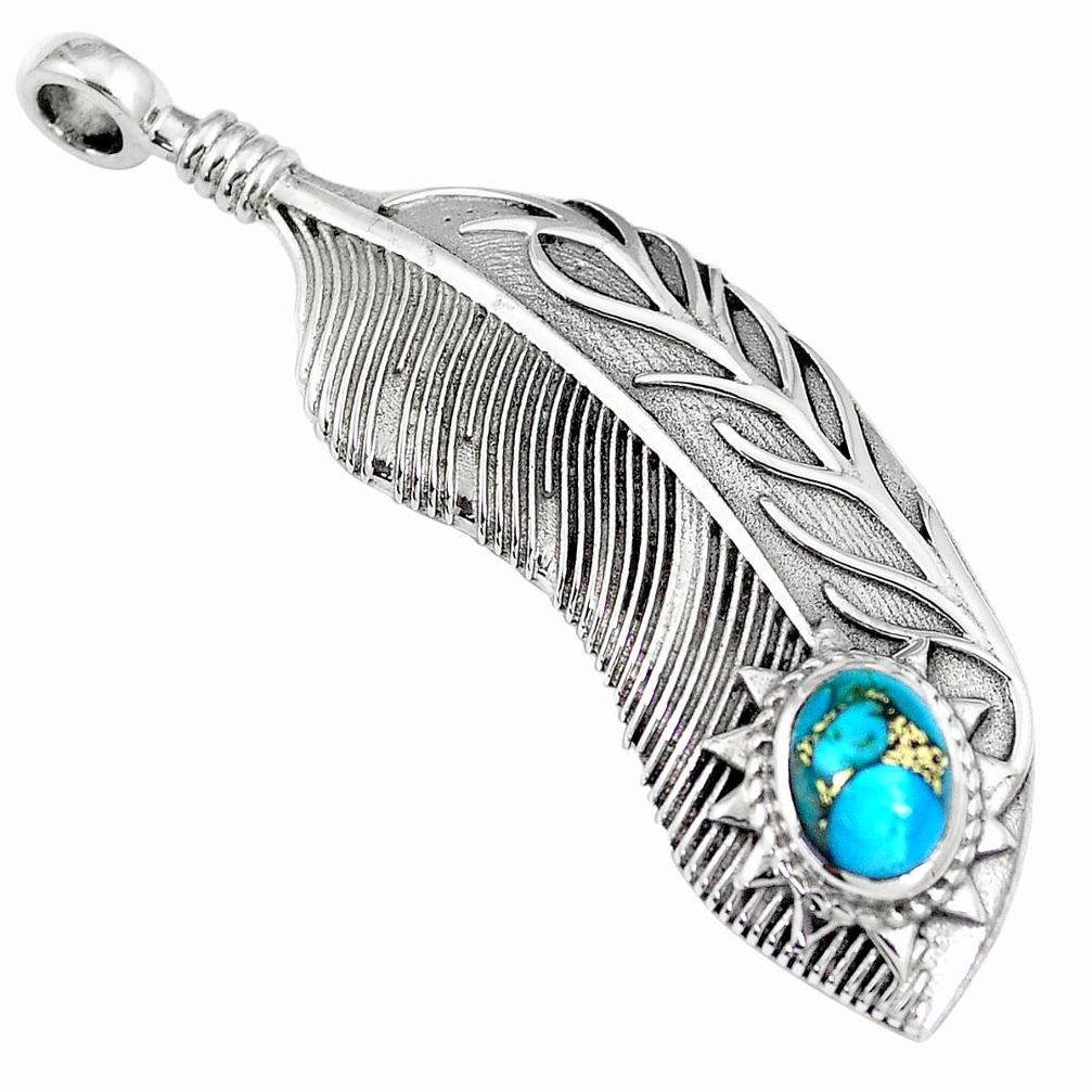 2.24cts blue copper turquoise 925 sterling silver feather charm pendant m89387