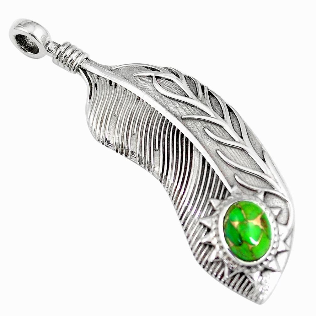 2.06cts green copper turquoise 925 silver feather charm pendant jewelry m89396