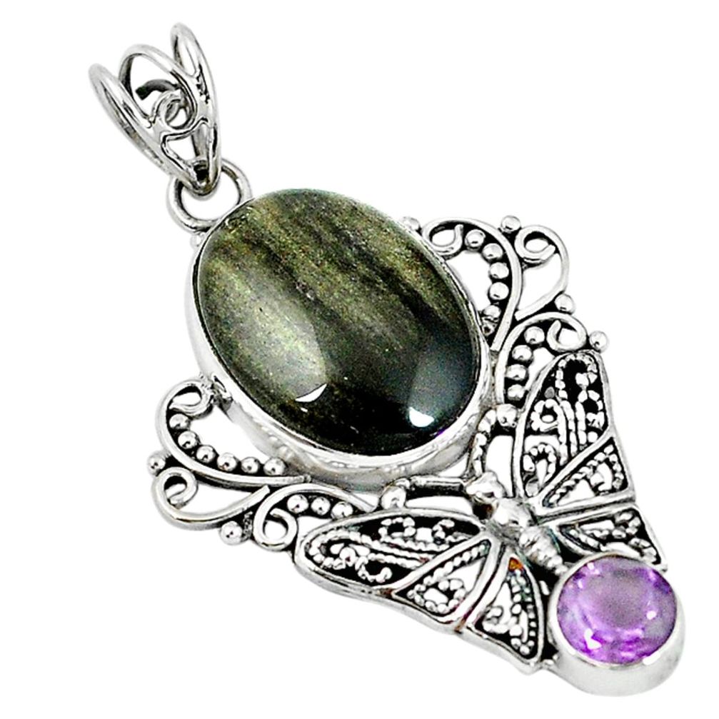 Natural golden sheen black obsidian 925 silver butterfly pendant jewelry m9041