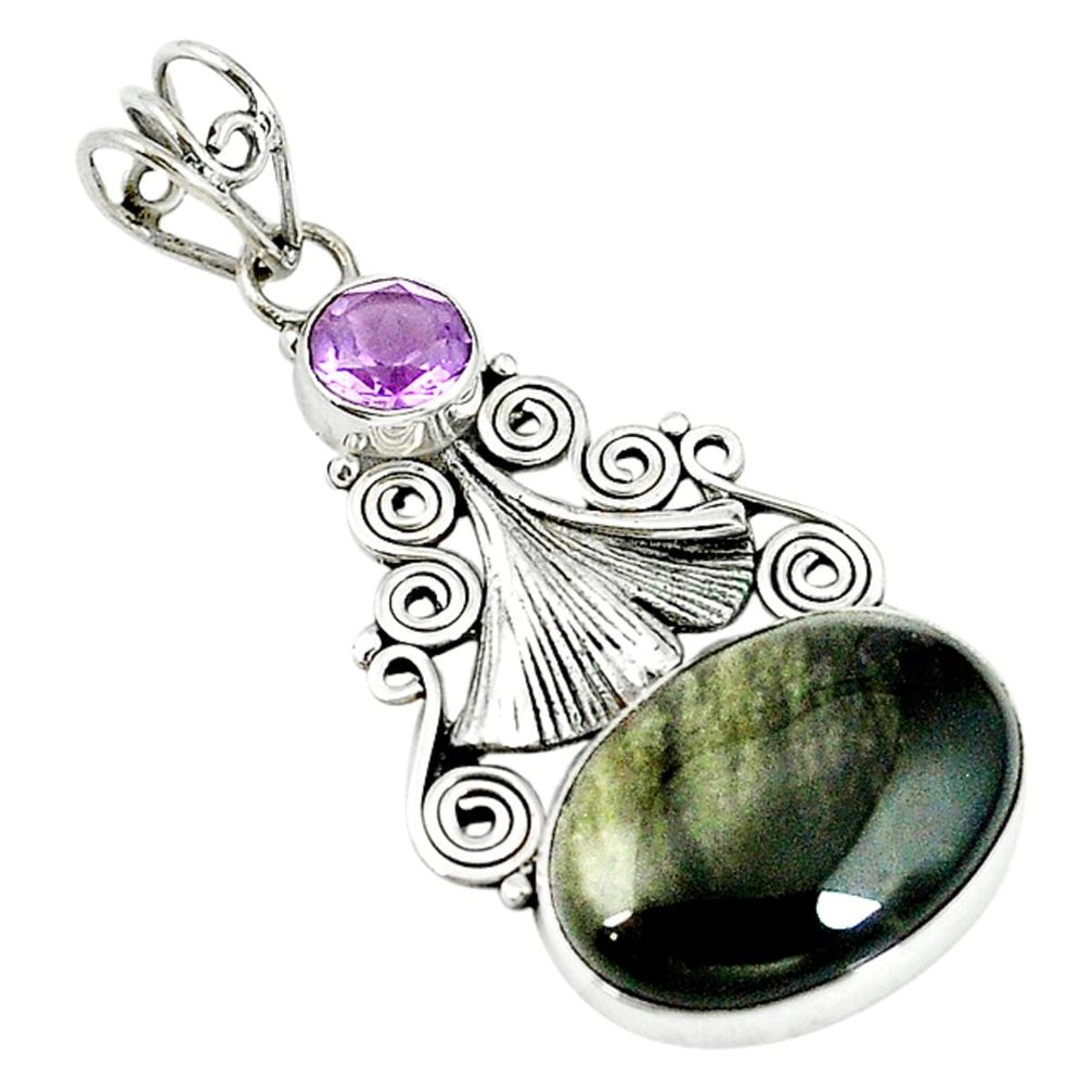 925 silver natural golden sheen black obsidian purple amethyst pendant m9054